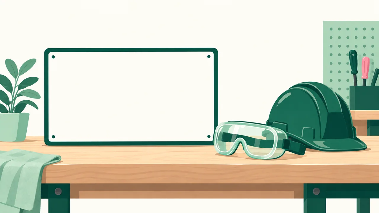 A blank sign panel beside protective goggles and a safety helmet on a workshop bench.