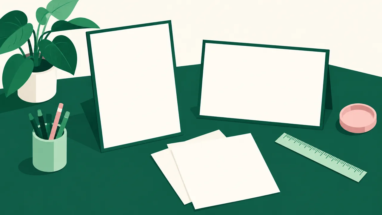 Blank portrait and landscape panels laid out on a desk beside paper and a ruler.