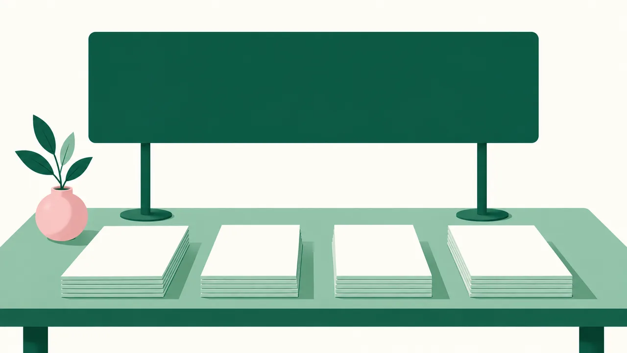 A wide blank sign panel and separate blank paper strips arranged below it.