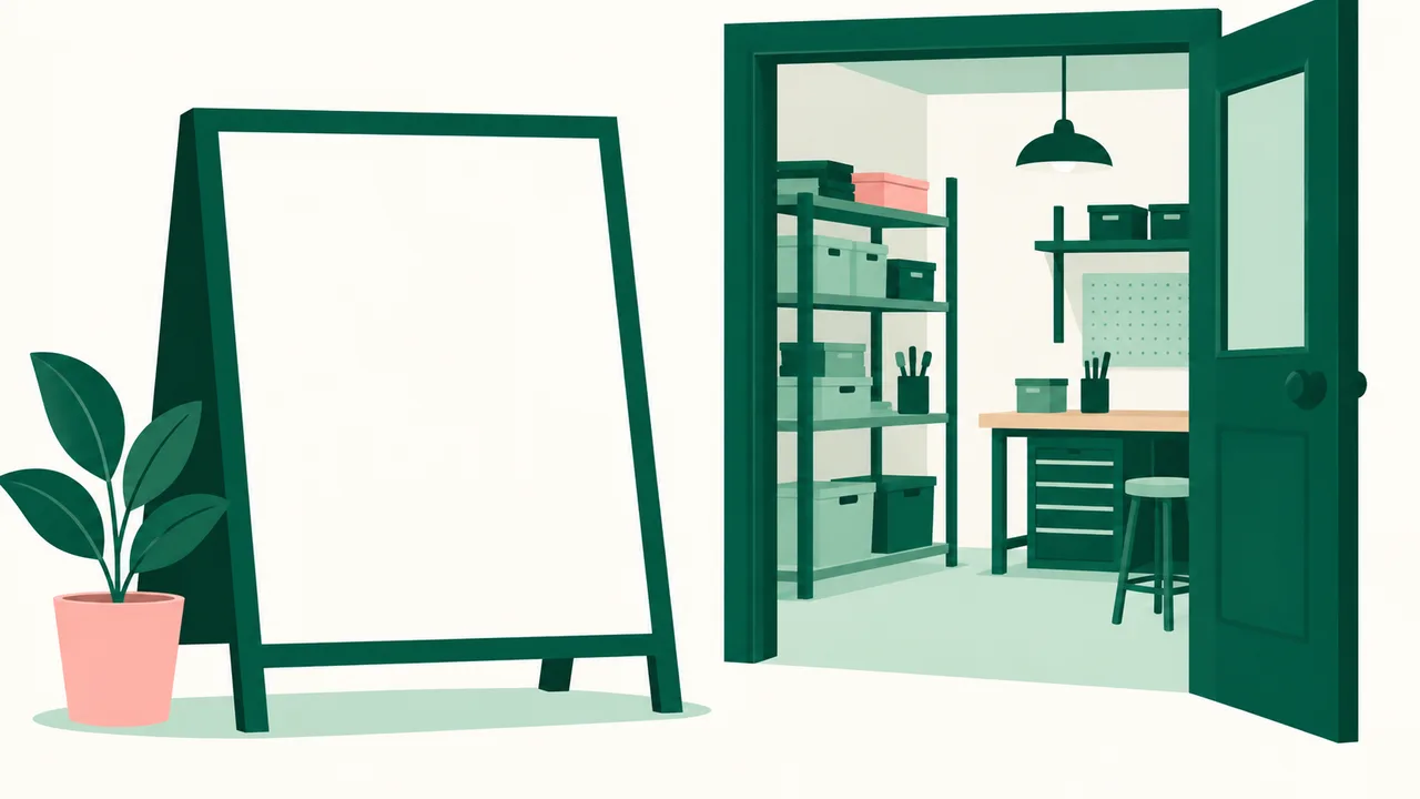 A blank panel beside an open workshop doorway showing the surrounding wall and shelving.