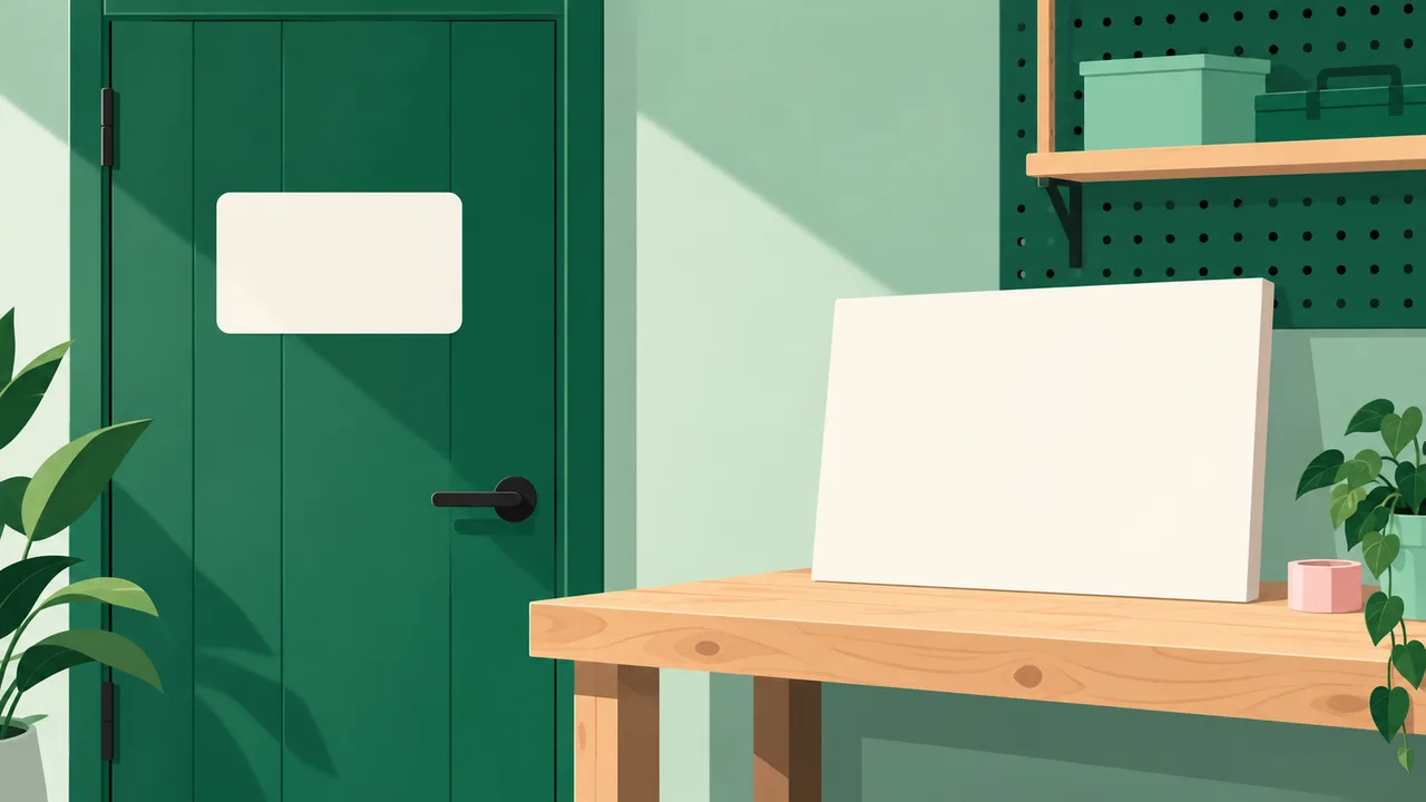 A blank sticker applied to a smooth door and a separate rigid sign panel resting on a bench.
