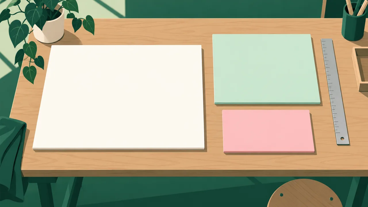 Three blank sign boards in small, medium and large sizes on a workshop table with a ruler beside them