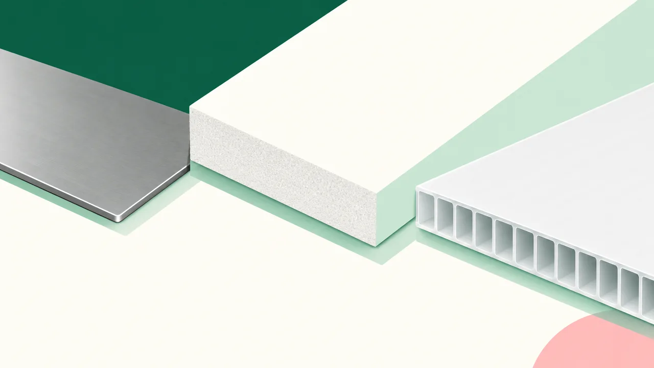 The edges of a thin steel sheet, a solid PVC foam board and a corrugated PP hollow board shown side by side