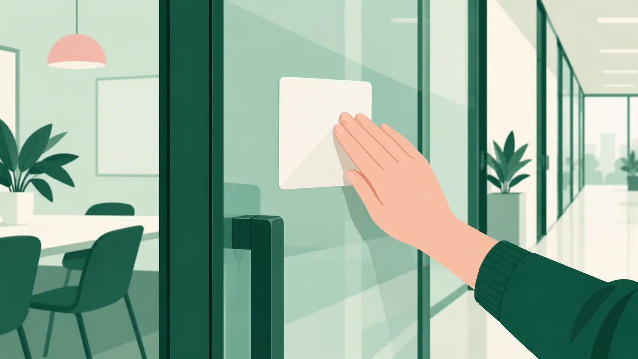 A hand pressing a blank square sticker flat onto a glass door
