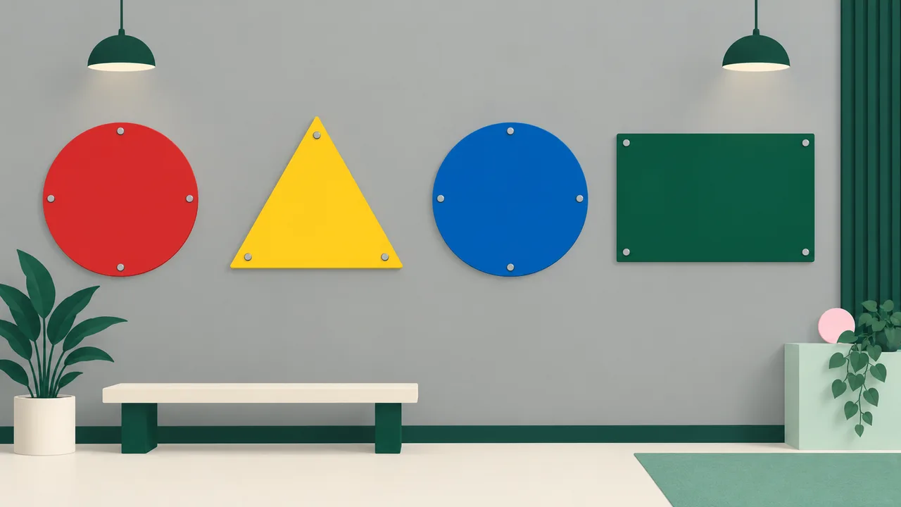Four blank signs in red, yellow, blue and green on a grey wall, showing the four safety colours