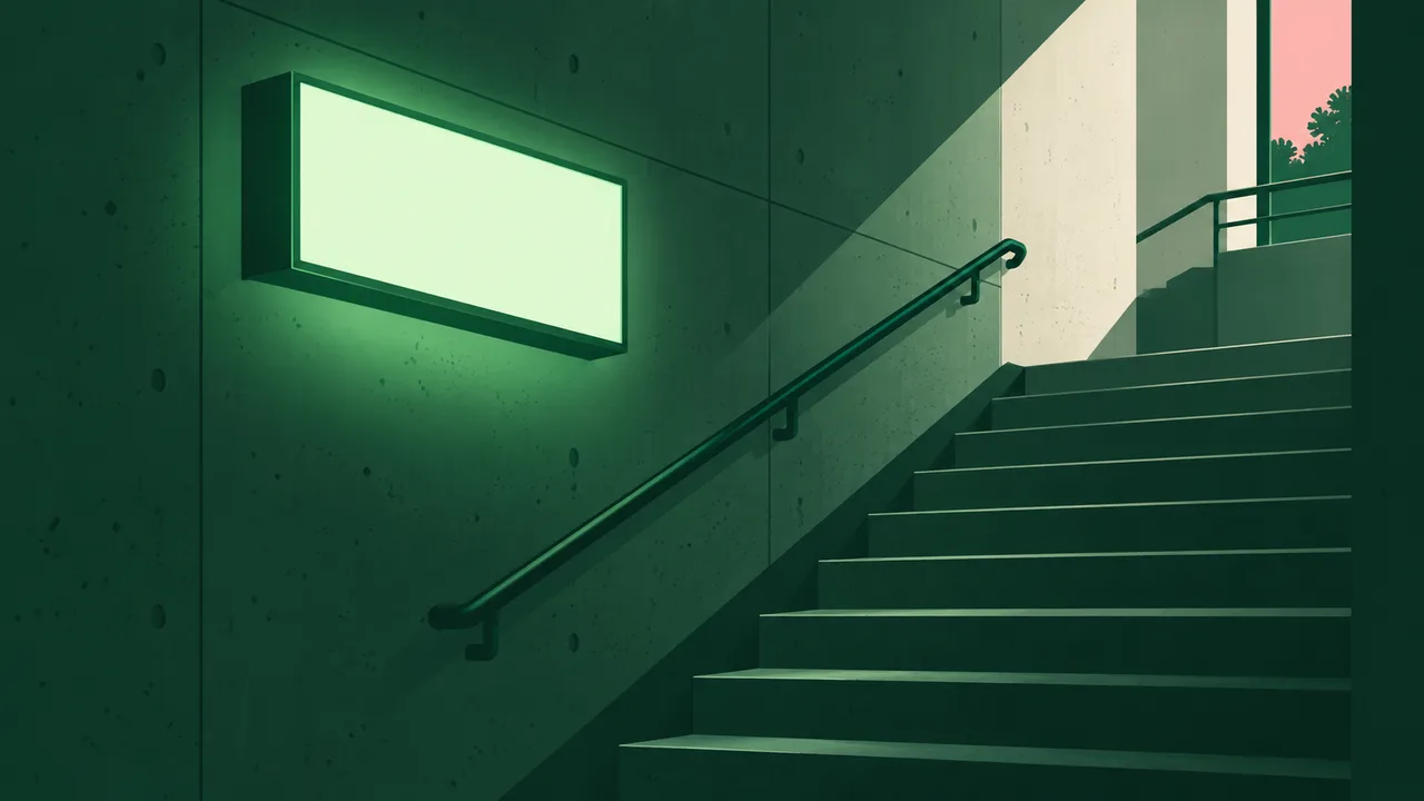 A blank sign glowing green on the wall of a dark stairwell