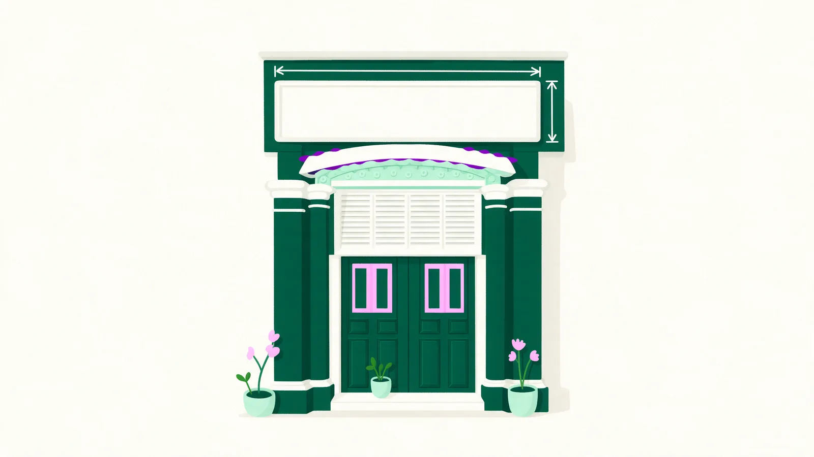 A shoplot facade with the fascia sign width and height dimensioned