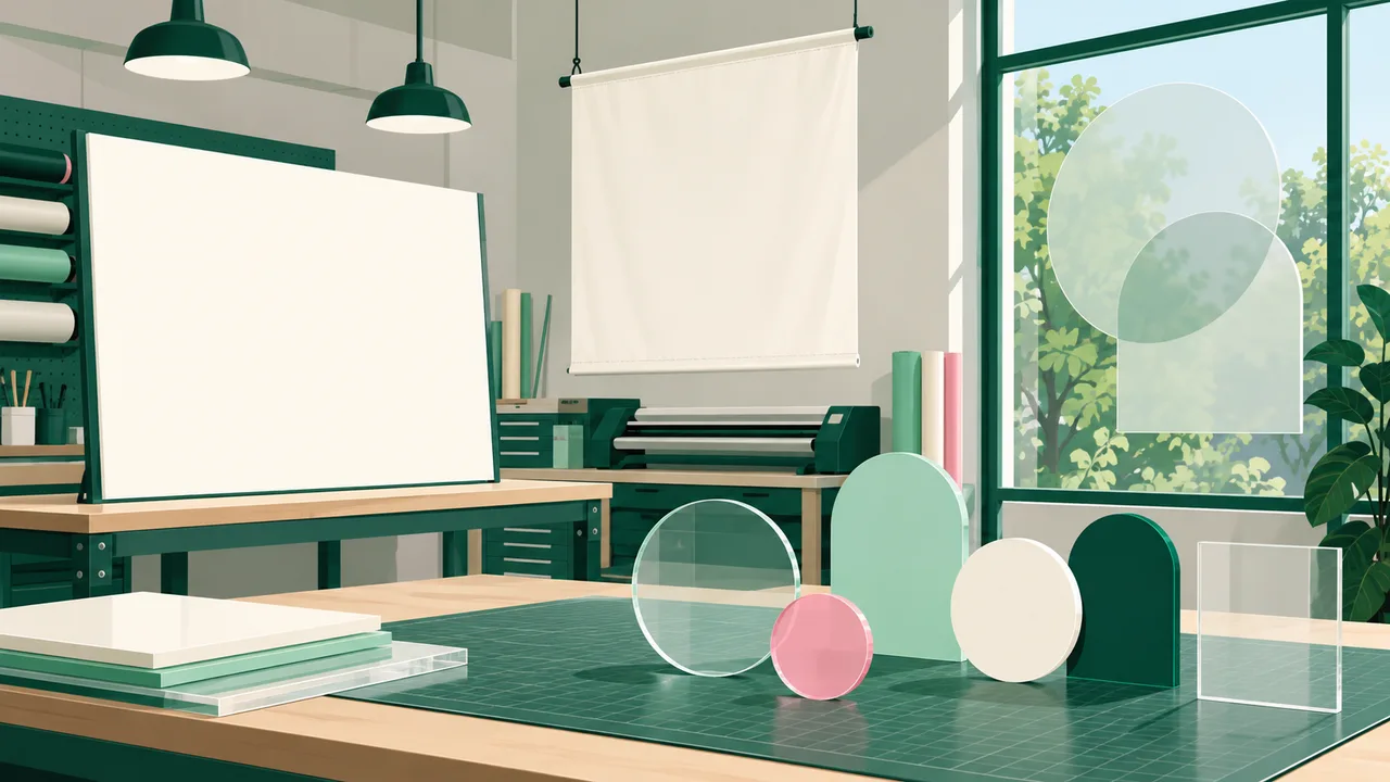 Different sign formats arranged together: a rigid board, flexible banner, glass decal and separate acrylic shapes.
