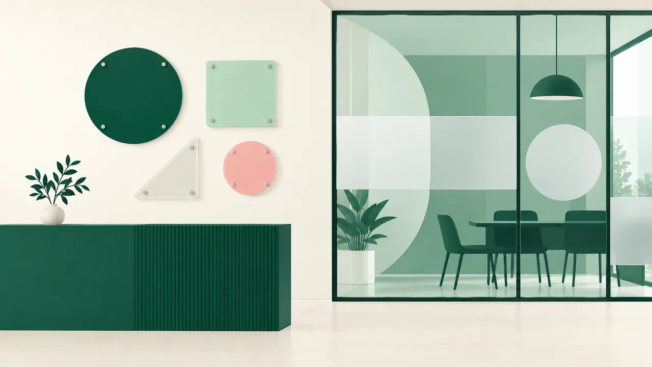 Separate acrylic shapes on a wall beside clear and frosted window film samples.