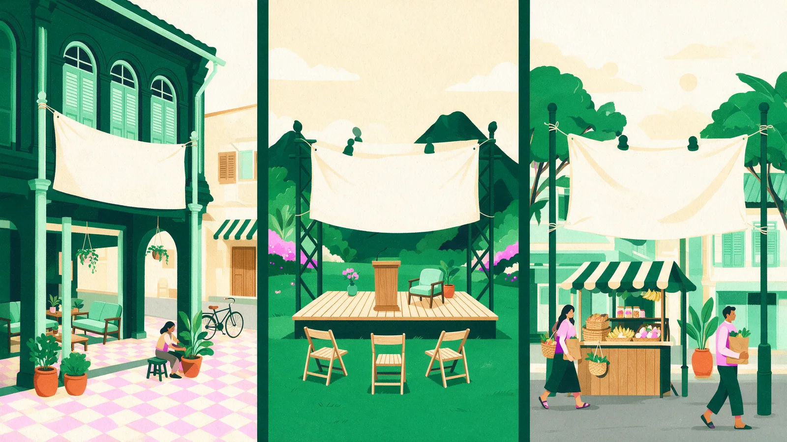 A shopfront banner, a stage backdrop and a roadside banner