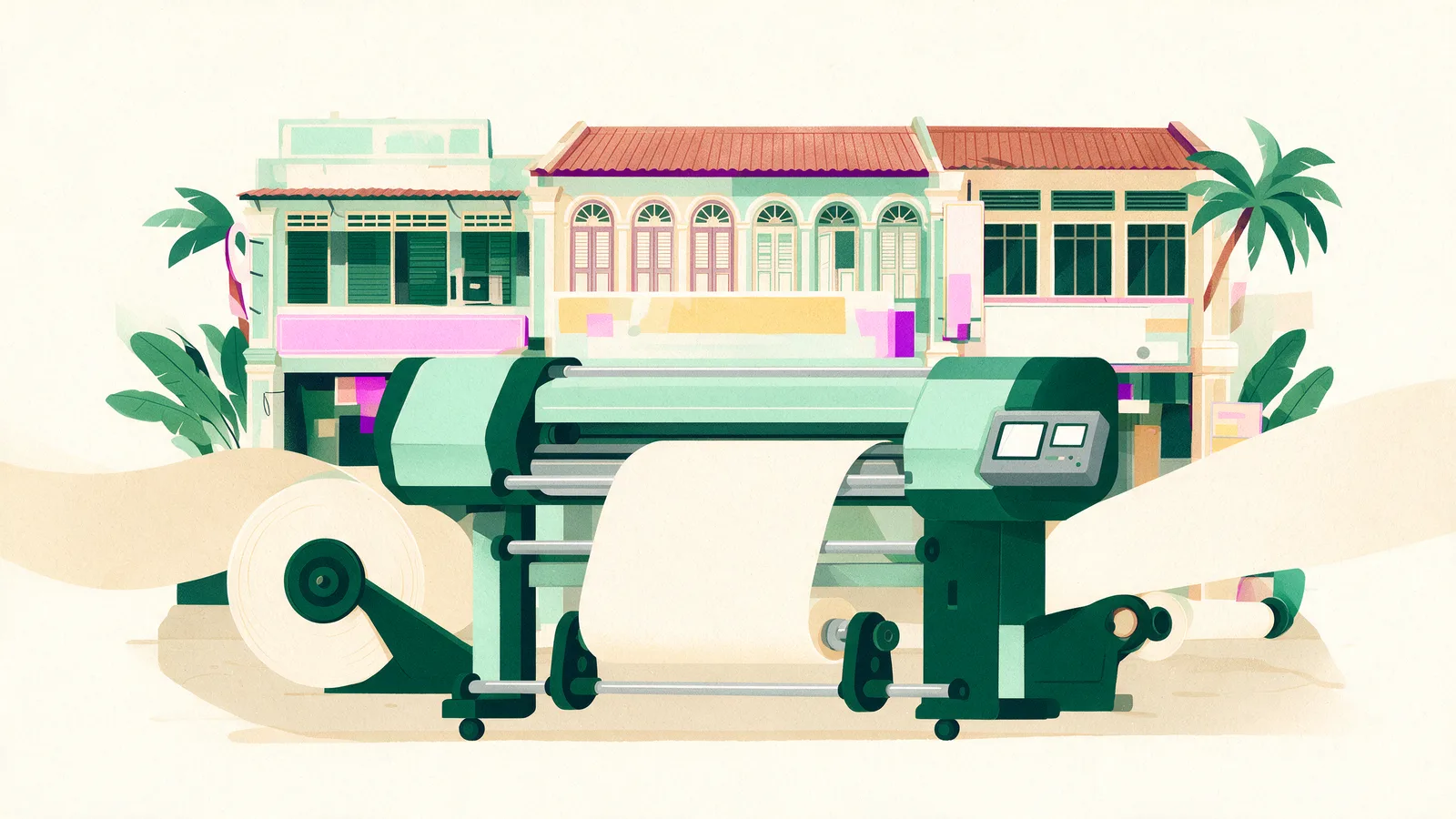 A roll-to-roll printer feeding an extra-wide banner