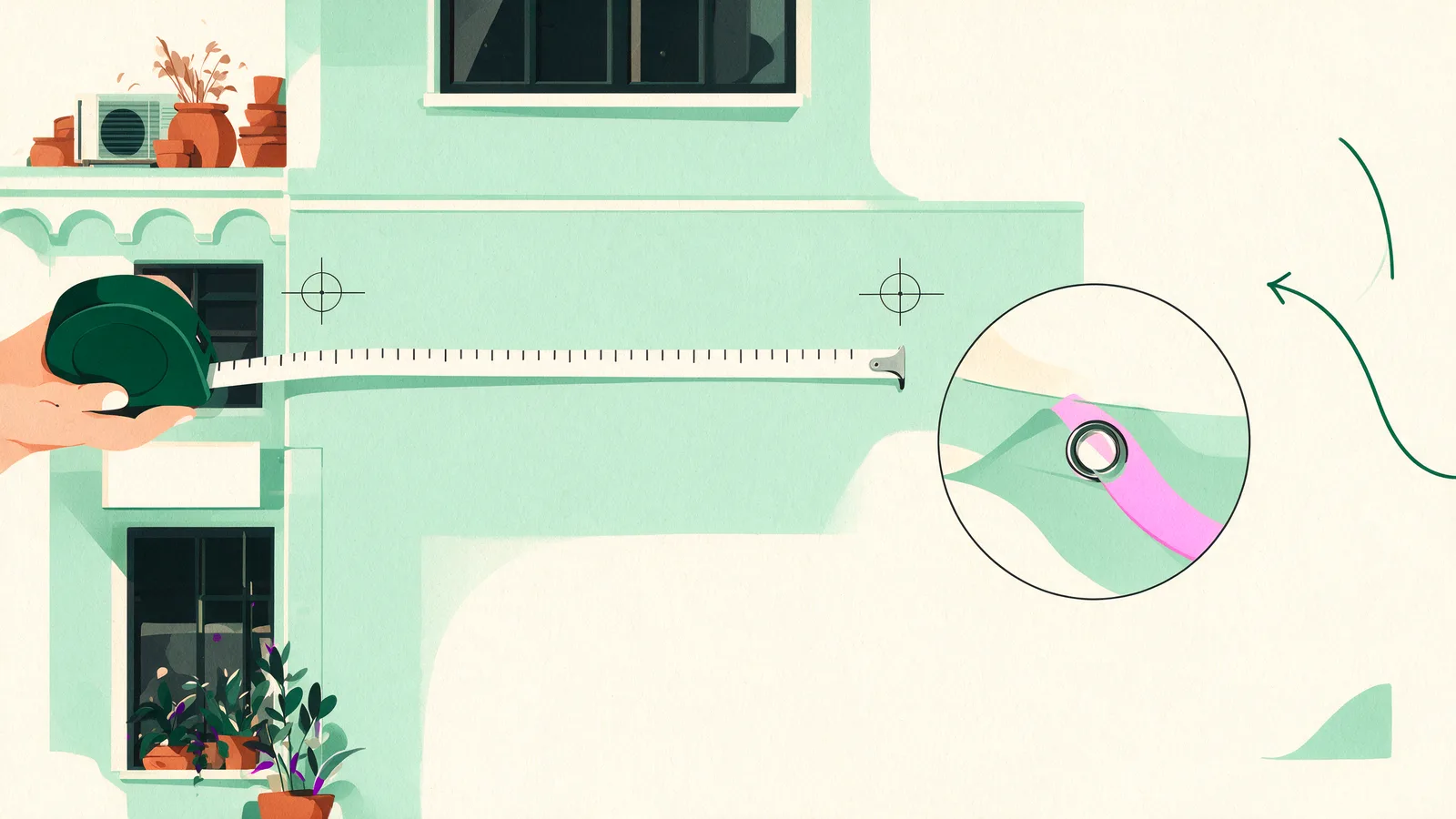 A measuring tape across a wall with marked corners and eyelet detail