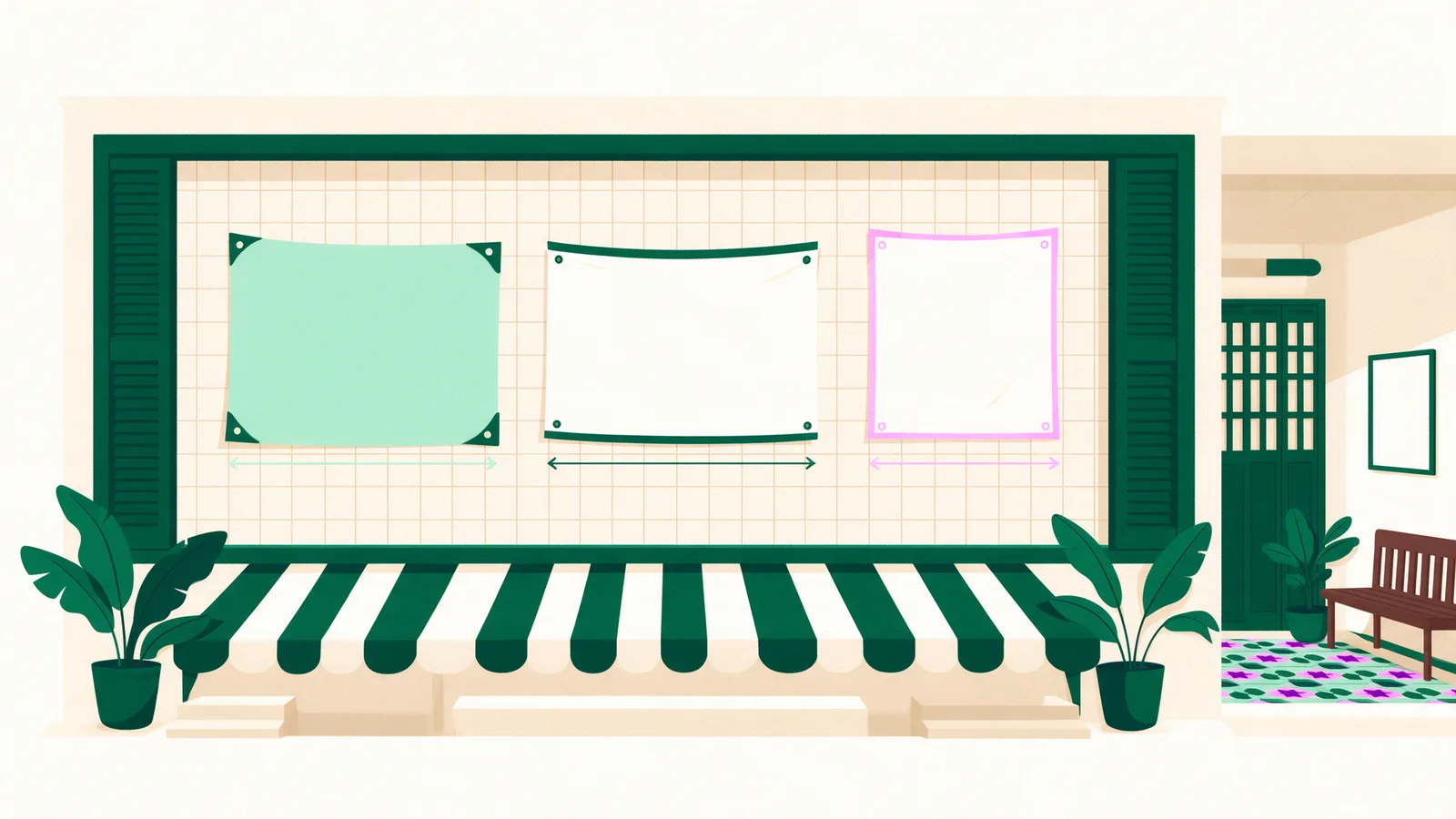 Blank banners in three standard sizes hung side by side with dimension arrows