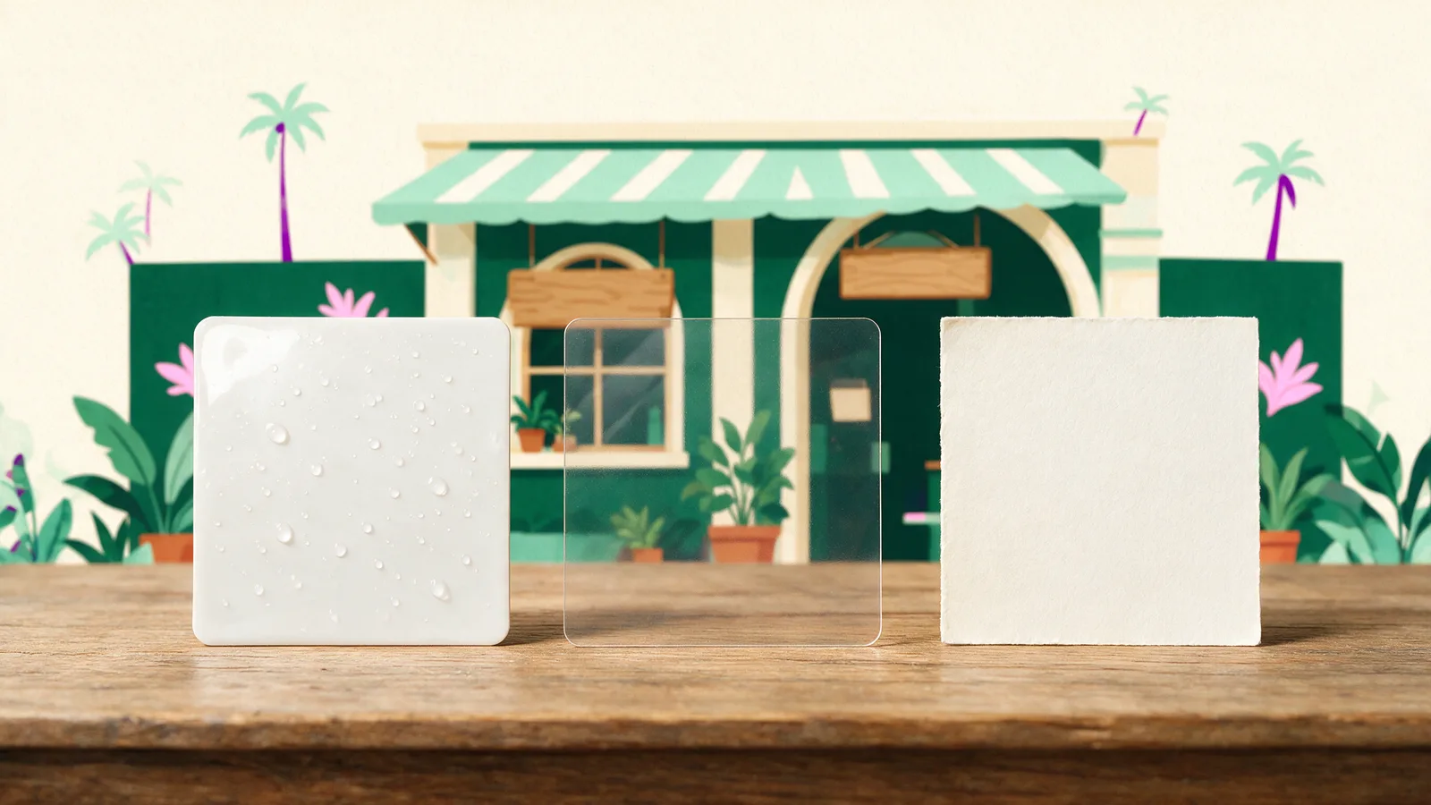 Vinyl, transparent and paper sticker samples compared