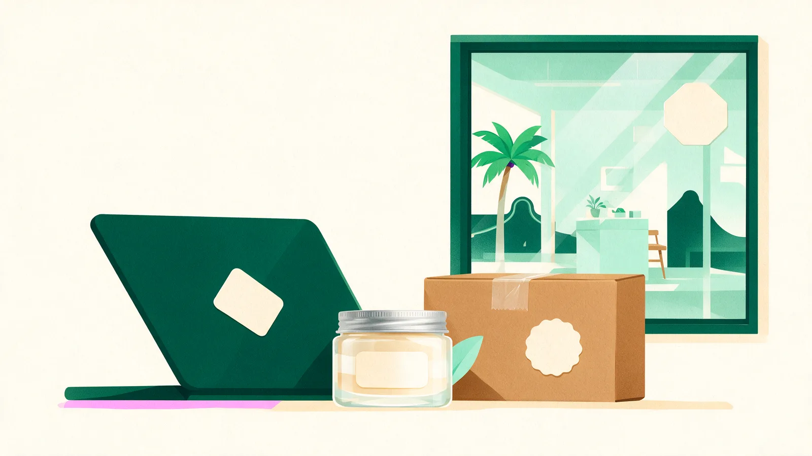 Blank stickers applied to a laptop, a jar, a box and a shop window