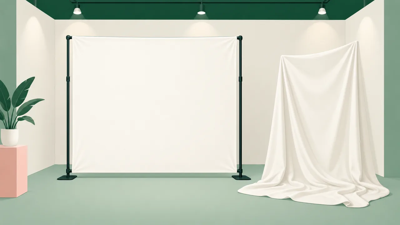 A freestanding fabric backdrop beside a loose fabric sheet, showing the difference between a complete display and fabric alone.