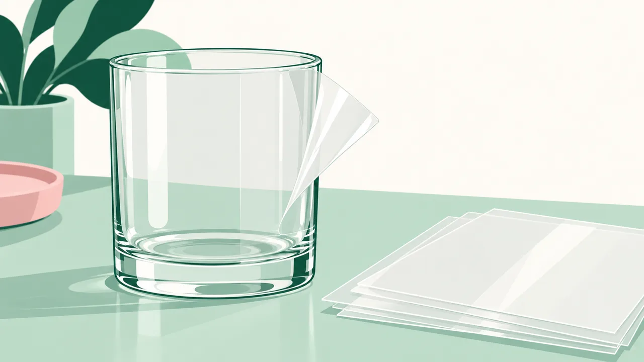Clear transfer film partly lifted from a plain glass tumbler beside blank sheets.