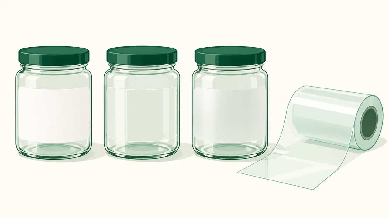 Glass jars showing white, clear and frosted blank label backgrounds beside transfer film.