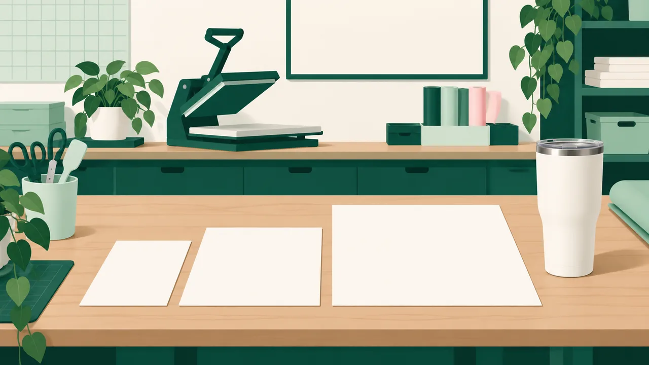 Different sizes of blank transfer sheets arranged beside a tumbler.