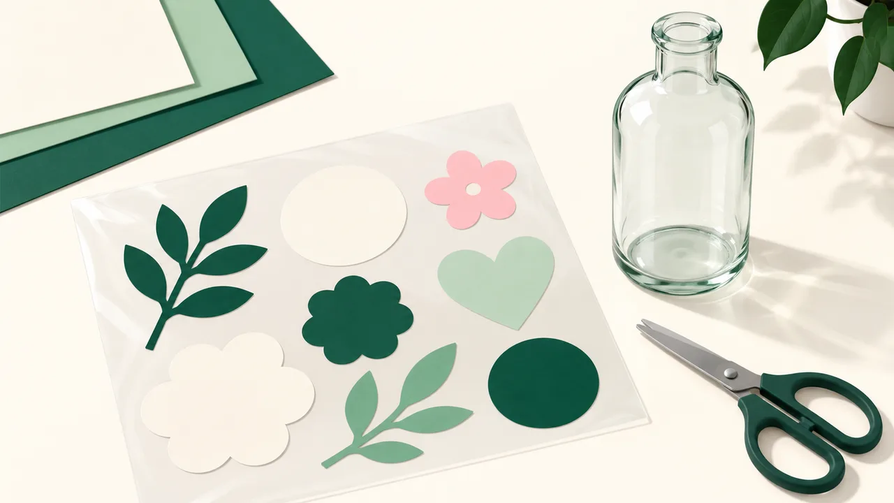 Paper shapes arranged on a sheet to explore a layout beside a bottle.