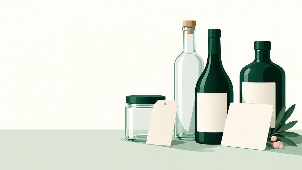Paper mock-ups positioned against containers of different colours and shapes.