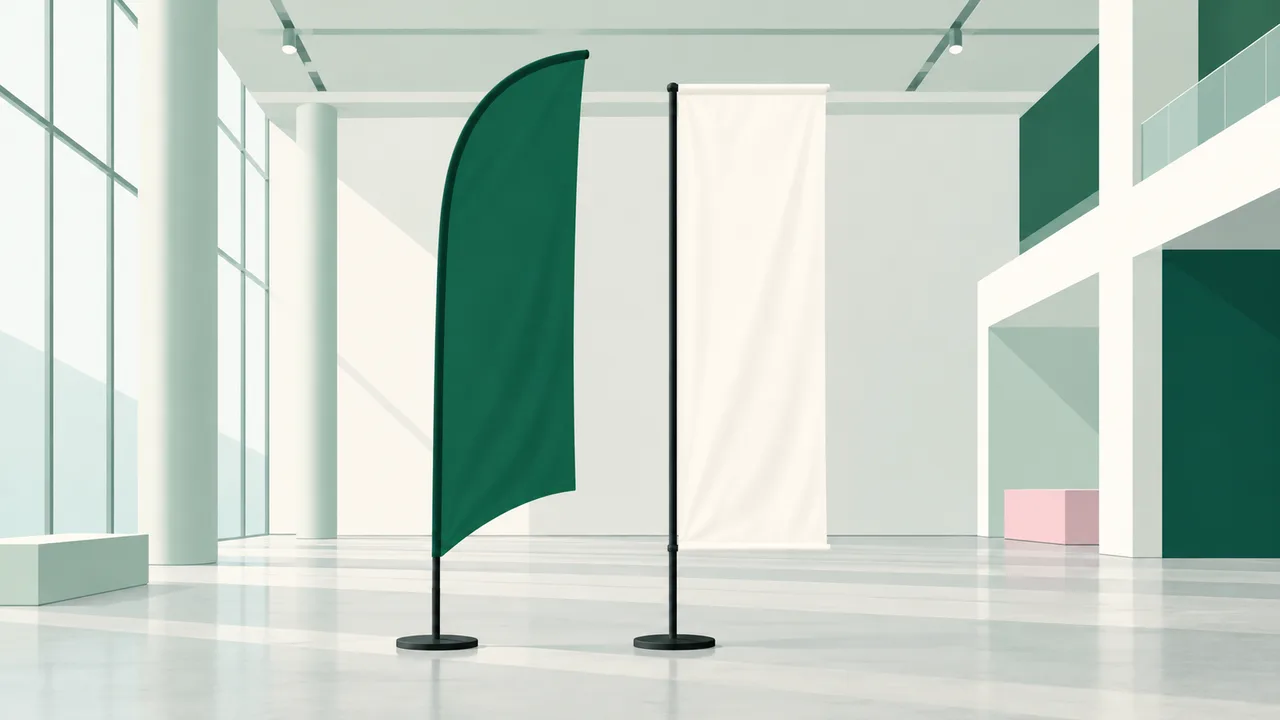 A shaped feather flag beside a rectangular flag, showing their different fabric outlines.