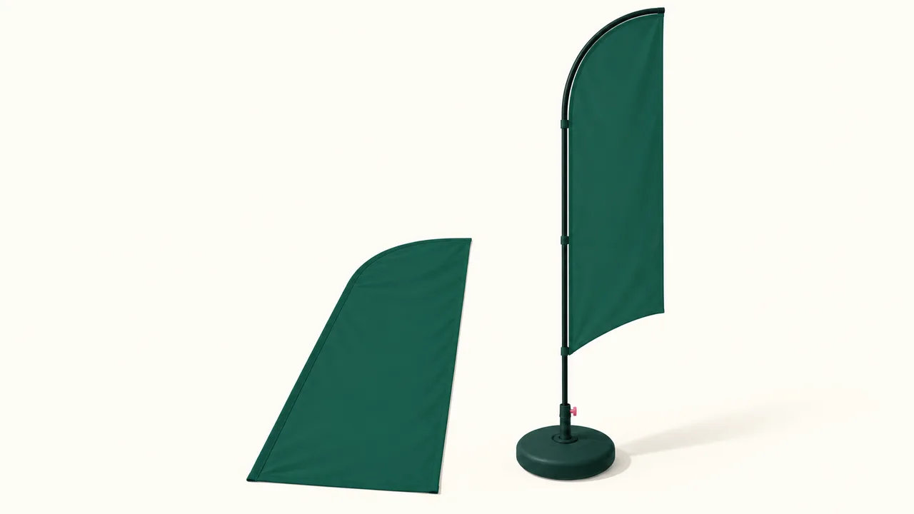 Loose flag fabric beside an assembled display, showing that the fabric and the complete display have different dimensions.
