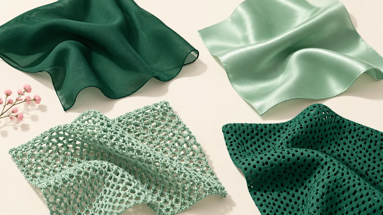 Fabric samples showing a smooth satin surface, lightweight flag cloth and different mesh openings.