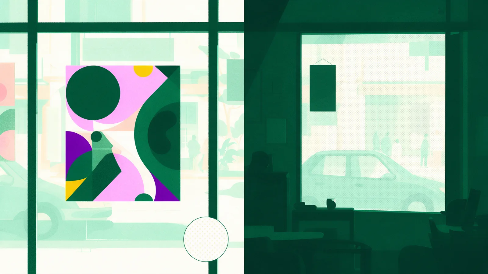 Split view of a one-way vision window: a bold graphic seen from the street and a clear view out from inside