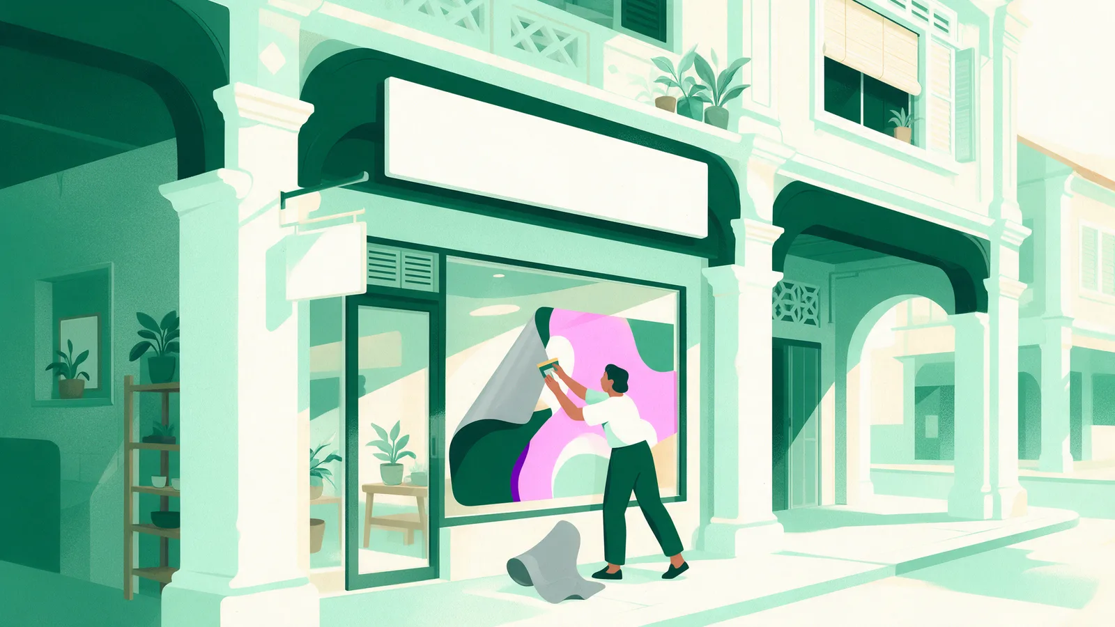 A worker squeegeeing a large solid vinyl graphic flat onto a shop window